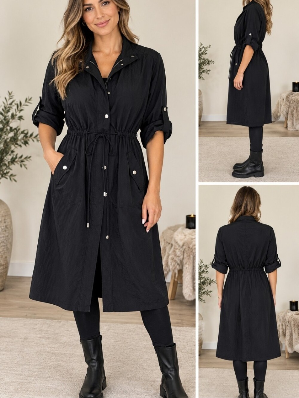 Black Drawstring Waist Trench Blouse - Women